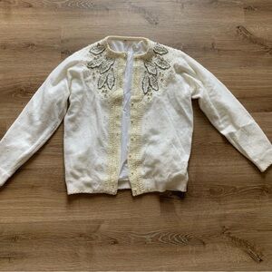 Vintage White Beaded Cardigan Sweater Small Retro 50s 60s Bridal Whimsy Fairy